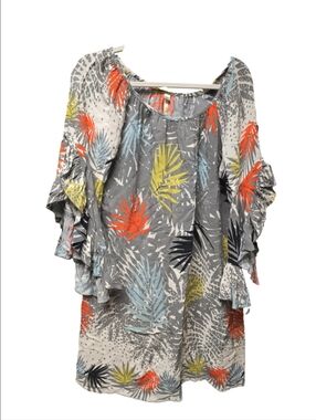 Anthropologie Uncle Frank Gray Tropical Leaf Ruffle Sleeve Boho Dress Sz. M